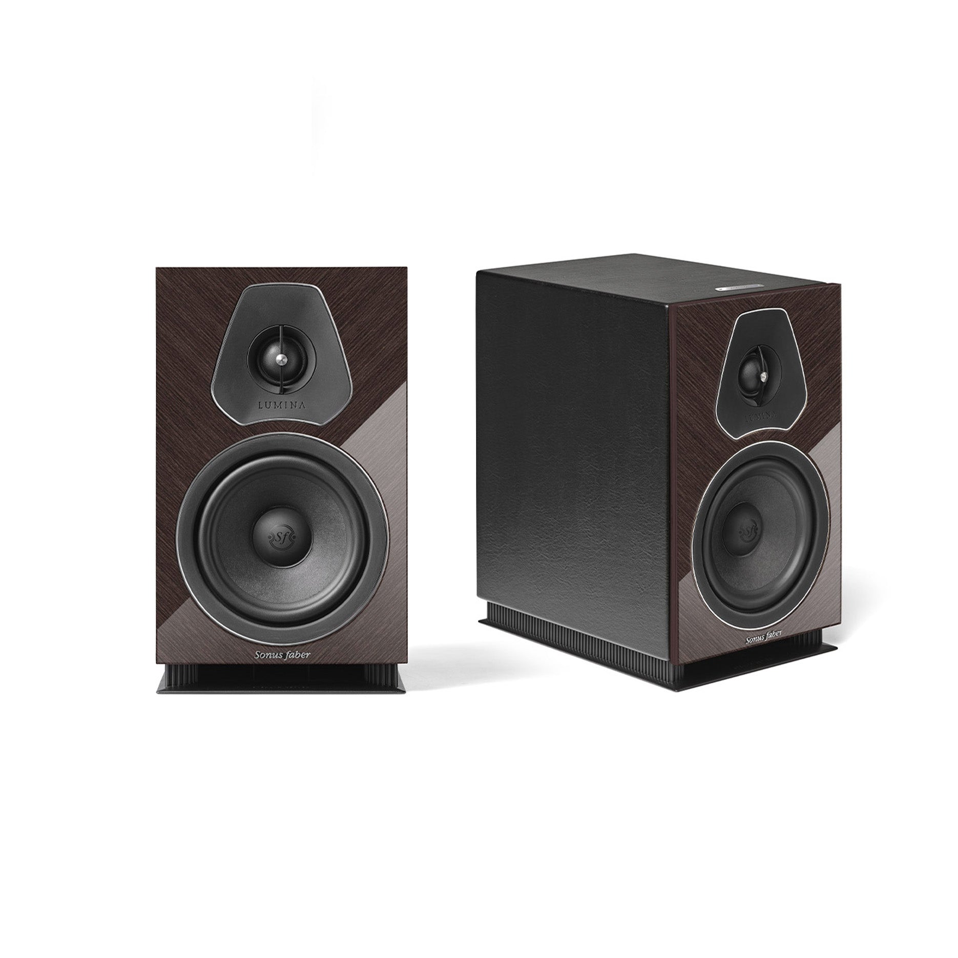 A pair of Sonus faber Lumina II Amator bookshelf speakers in wenge high gloss multilayer wood with black leather accents.