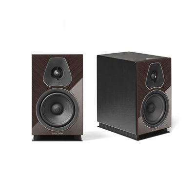 A pair of Sonus faber Lumina II Amator bookshelf speakers in wenge high gloss multilayer wood with black leather accents.