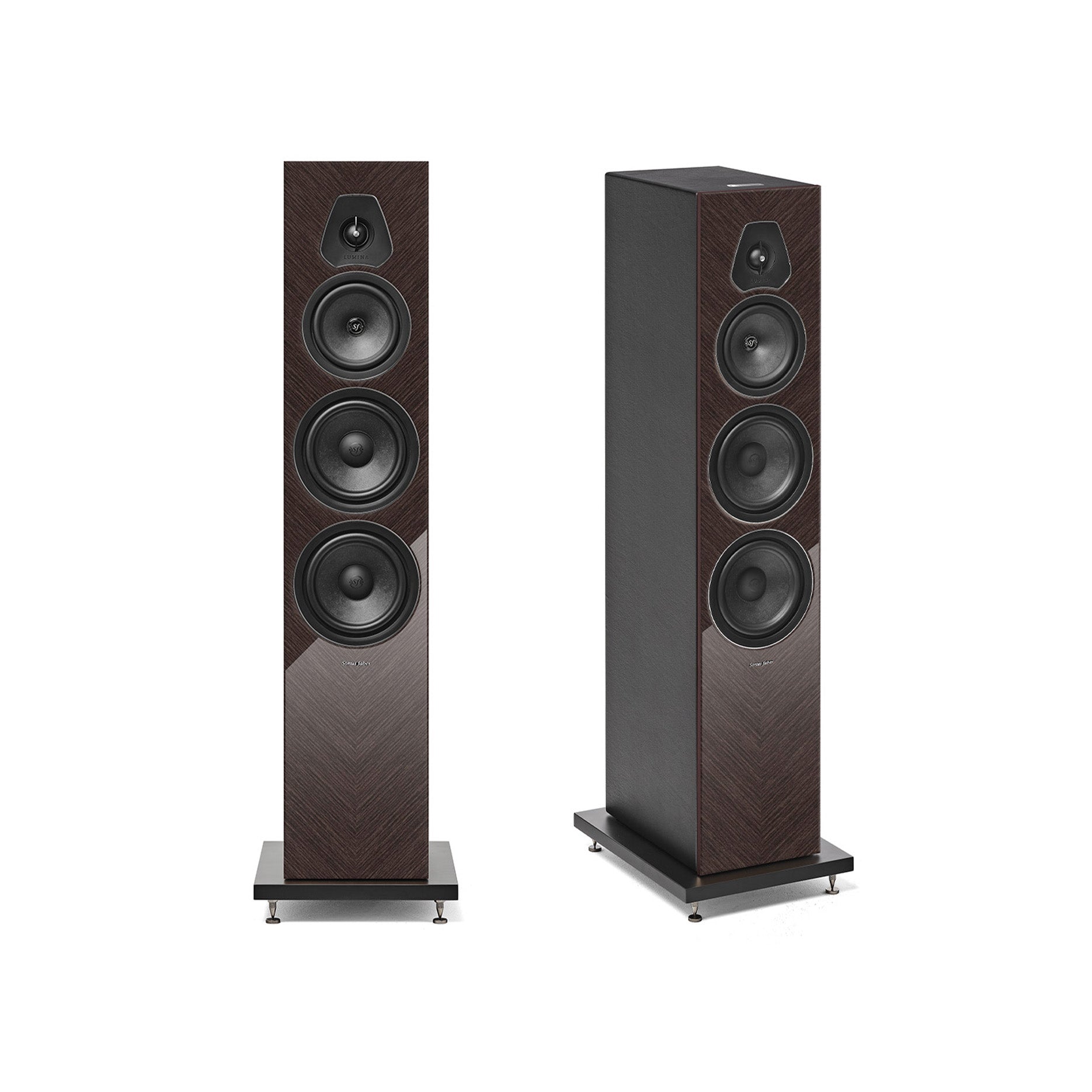A duo of Sonus faber Lumina V Amator floorstanding speakers in wenge high gloss multilayer wood with black leather accents.