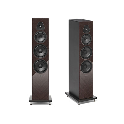 A duo of Sonus faber Lumina V Amator floorstanding speakers in wenge high gloss multilayer wood with black leather accents.