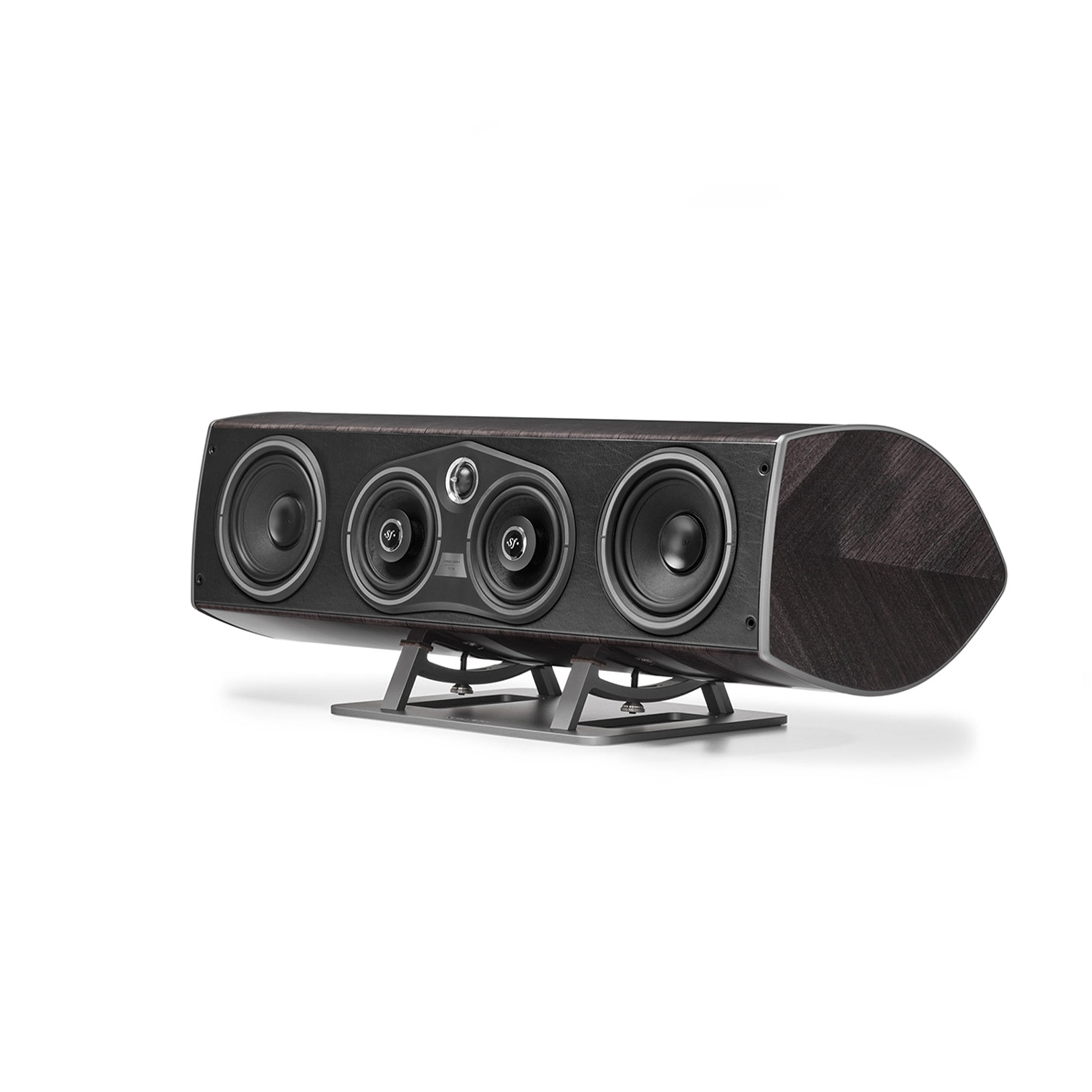 Front view of Sonus faber Vox G3 home cinema speaker in Graphite Wood - Italian Leather finish.