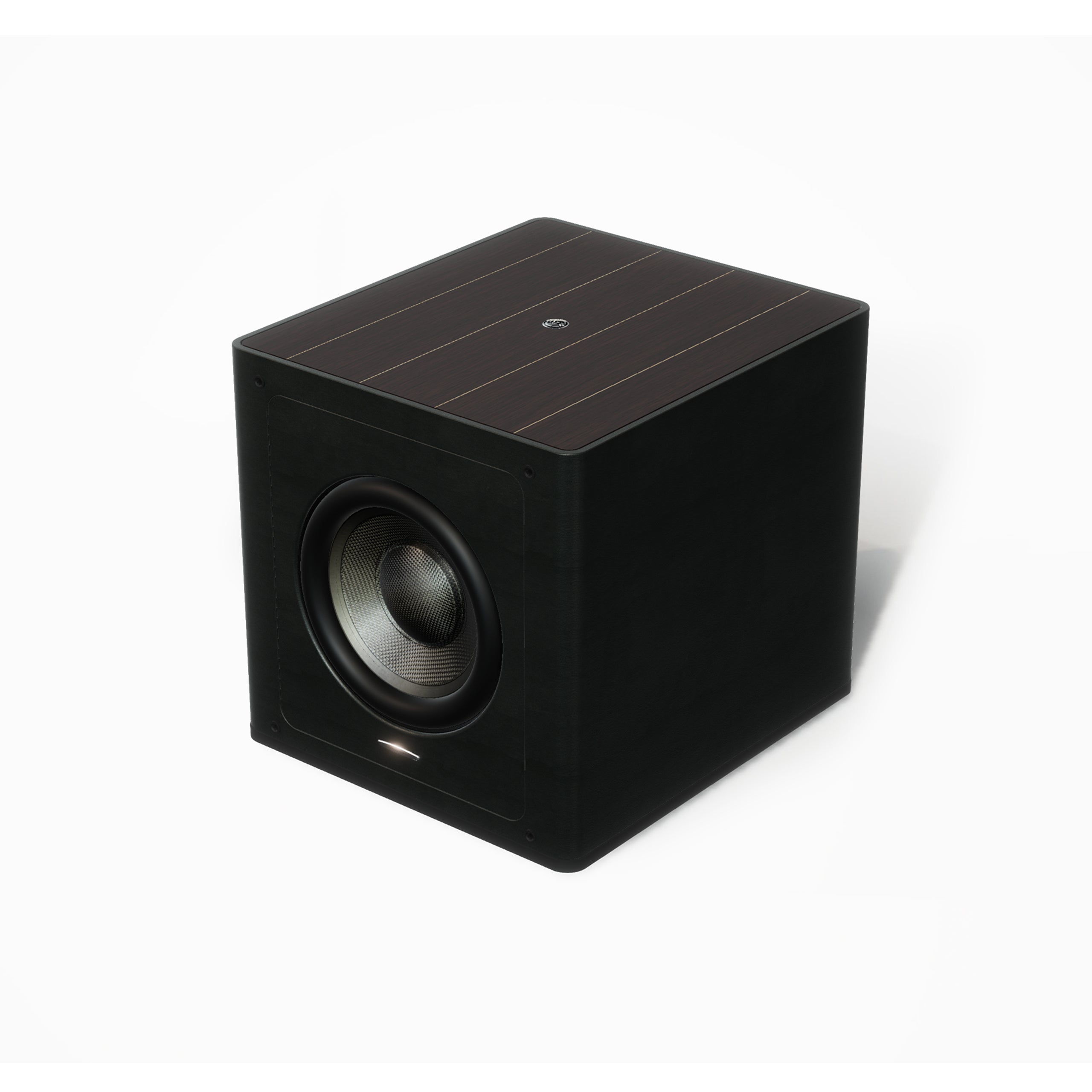 Sonus faber Gravis III Subwoofer in wenge wood with black leather finishes, showcasing the sleek and elegant Italian design