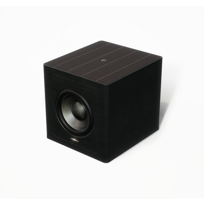 Sonus faber Gravis III Subwoofer in wenge wood with black leather finishes, showcasing the sleek and elegant Italian design