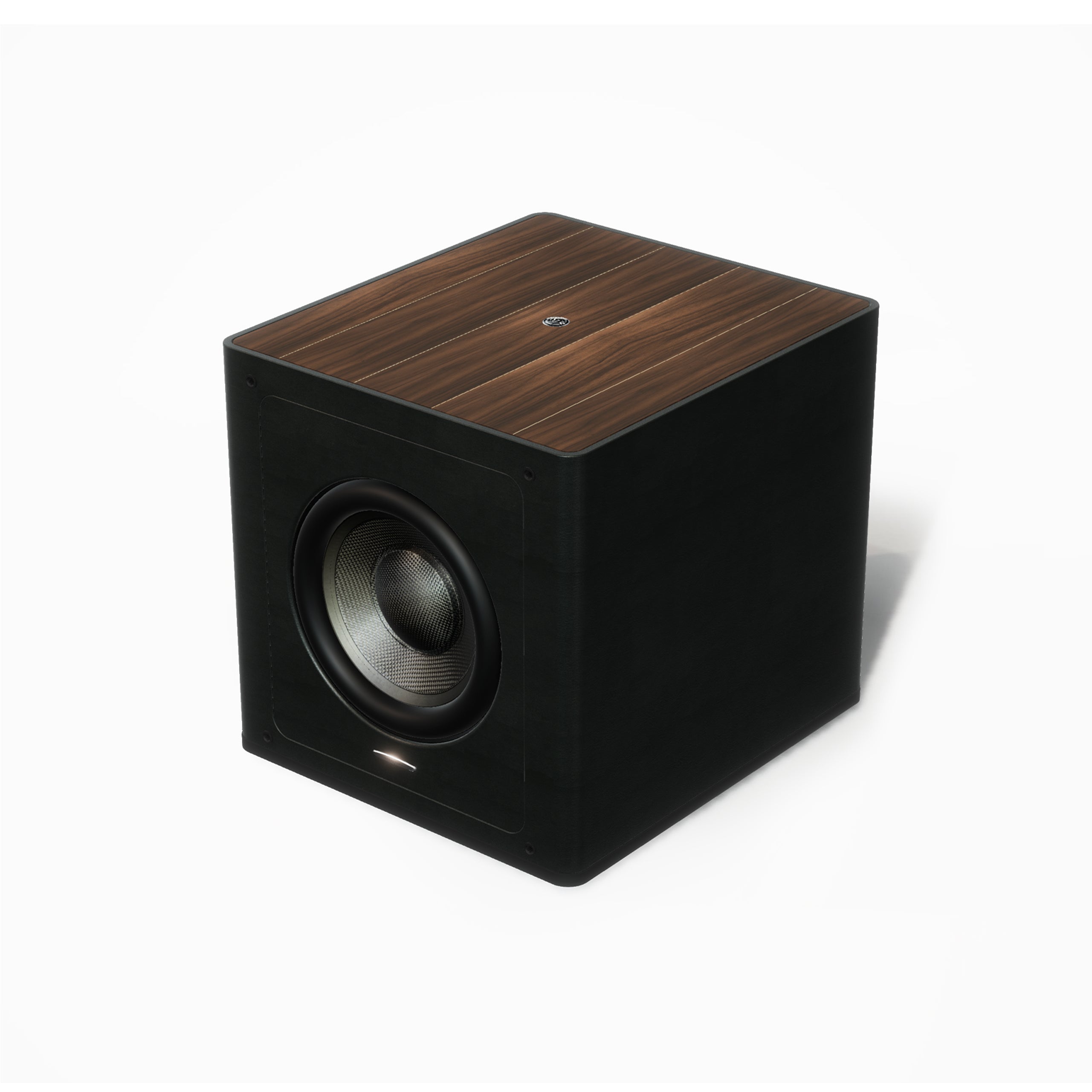 A Sonus faber Gravis III subwoofer in walnut wood - black leather finishes, showcasing Italian design.