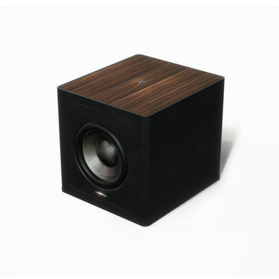 A Sonus faber Gravis III subwoofer in walnut wood - black leather finishes, showcasing Italian design.