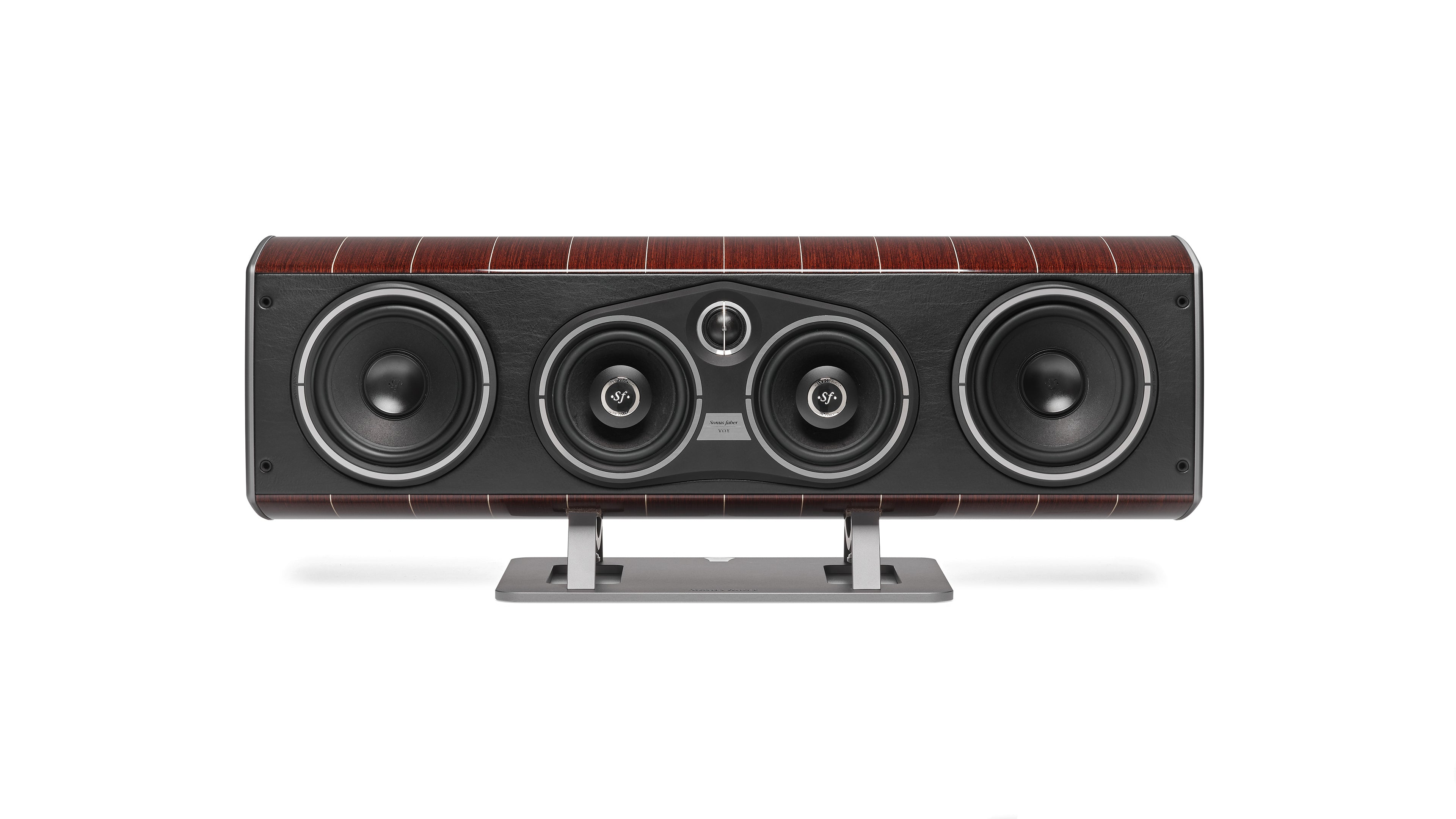 Sonus faber's Vox G3 home cinema speaker, showcasing Wenge Wood and Italian leather finishes.
