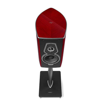Aerial view of Guarneri G5 bookshelf speaker highlighting Red Wood finish and 'SF' logo.