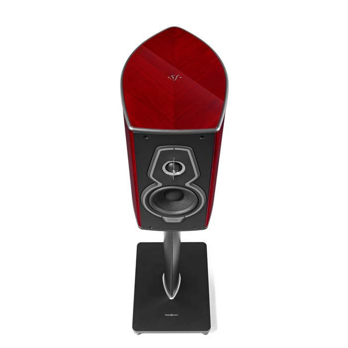 Aerial view of Guarneri G5 bookshelf speaker highlighting Red Wood finish and 'SF' logo.