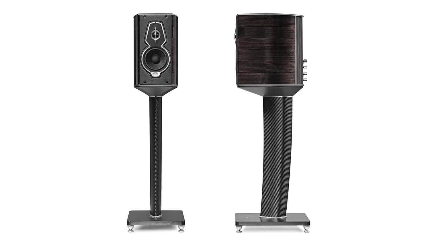 Pair of Sonus faber Guarneri G5 bookshelf speakers on stands, showcasing front and back views with Graphite wood finish.