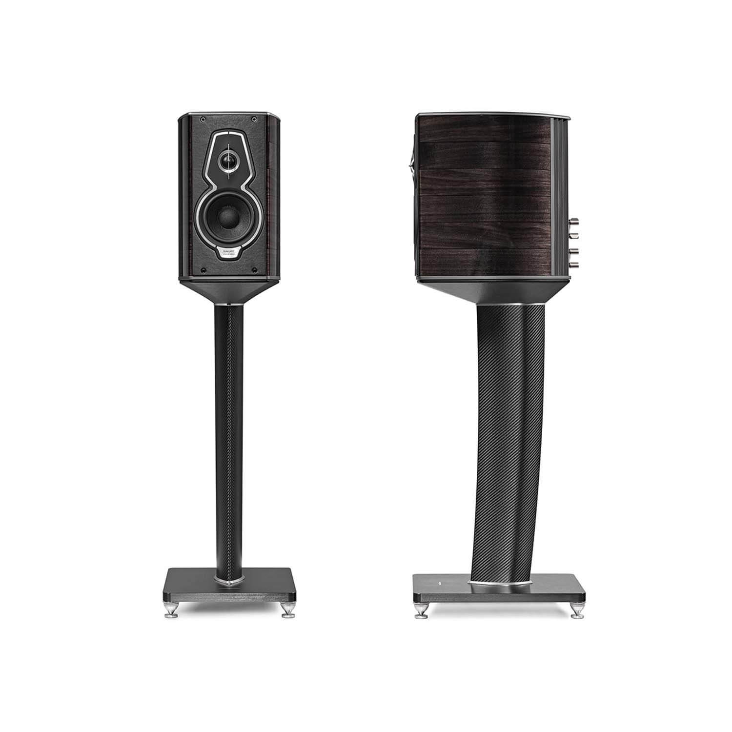 Pair of Sonus faber Guarneri G5 bookshelf speakers on stands, showcasing front and back views with Graphite wood finish.