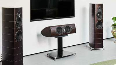 A set of Sonus faber Olympica Nova speakers in Wenge wood, Italian leather finishes, creating the perfect home audio room.