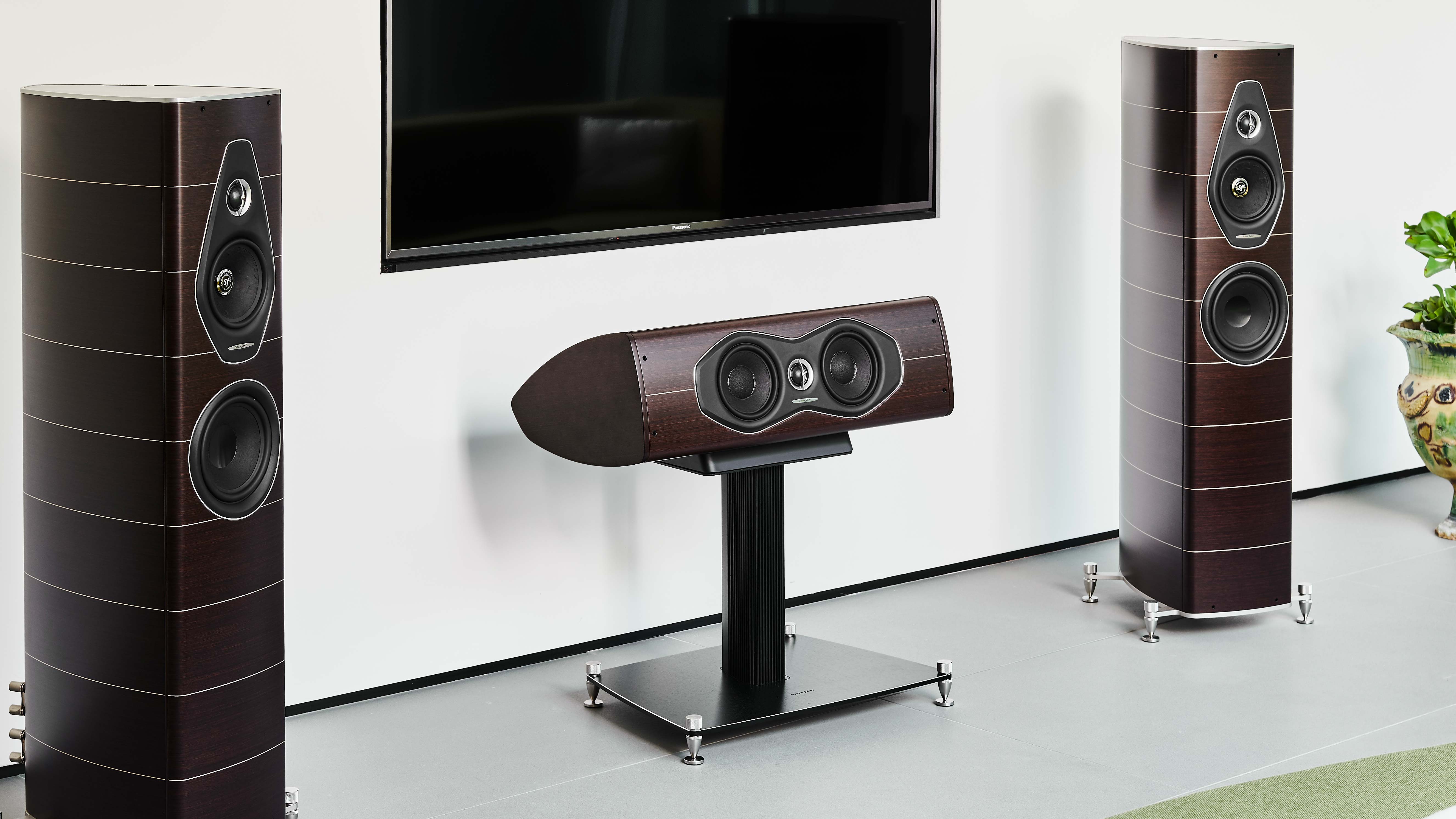 A set of Sonus faber Olympica Nova speakers in Wenge wood, Italian leather finishes, creating the perfect home audio room.