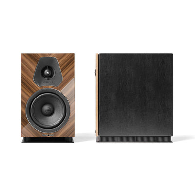 A front view of the Sonus faber Lumina Amator II bookshelf speaker with a high gloss wenge wood finish.