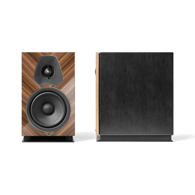 A front view of the Sonus faber Lumina Amator II bookshelf speaker with a high gloss wenge wood finish.