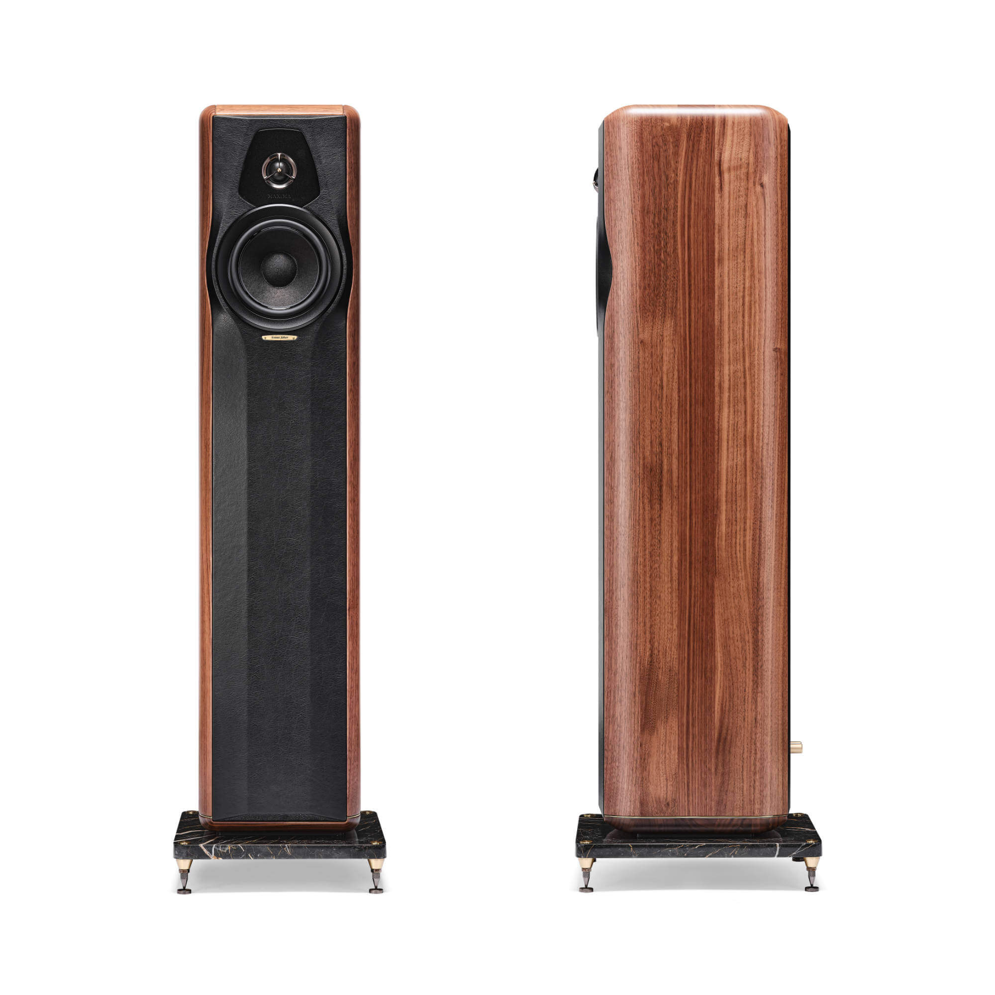 A front view of the Sonus faber Maxima Amator floorstanding speakers in walnut wood with a leather front baffle from the Heritage collection.
