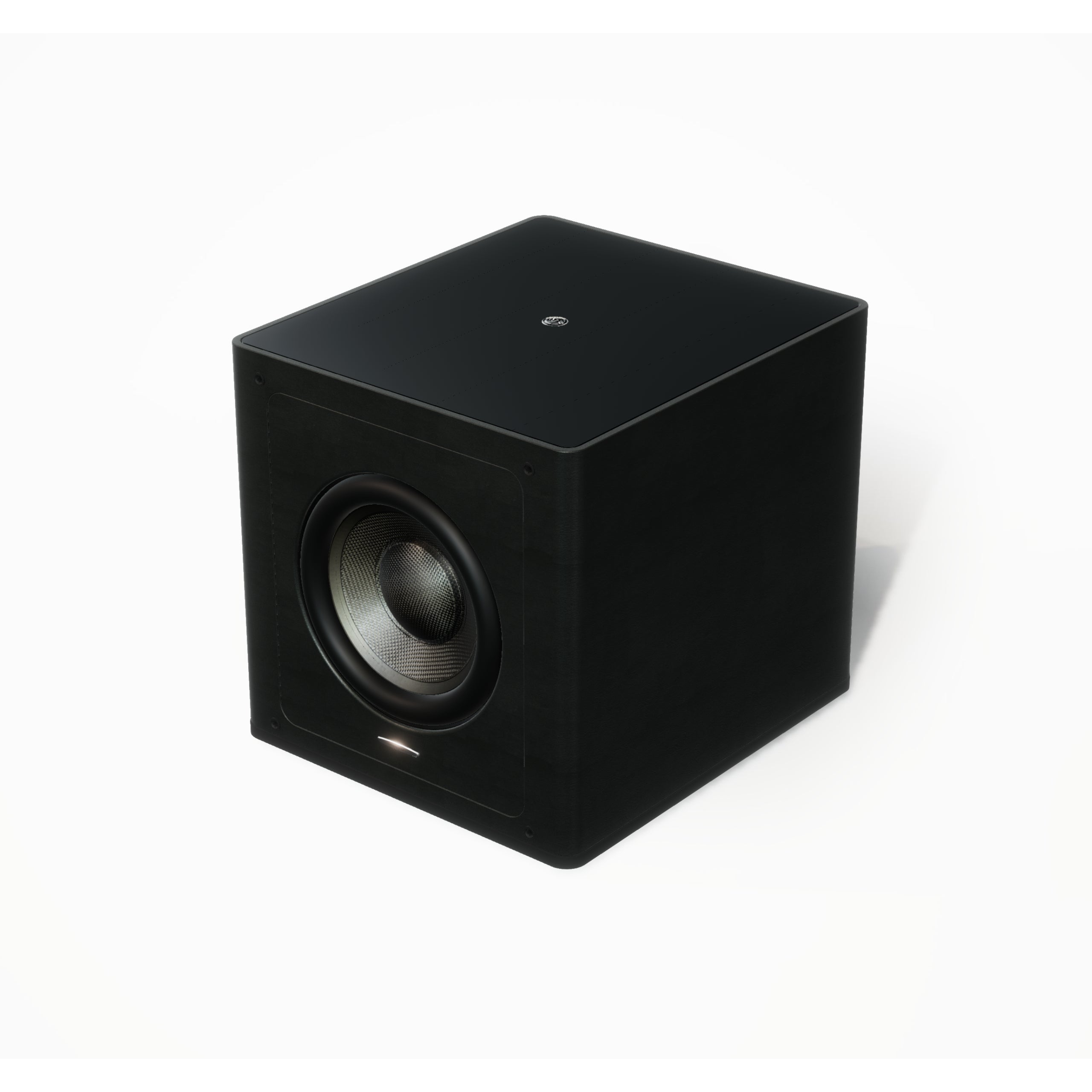 A 45-degree view of the Sonus faber Gravis III Subwoofer in black finish with black leather sides.