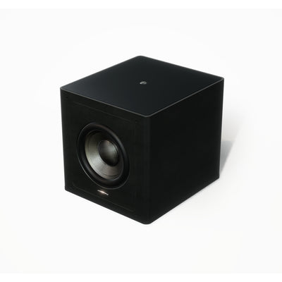 A 45-degree view of the Sonus faber Gravis III Subwoofer in black finish with black leather sides.