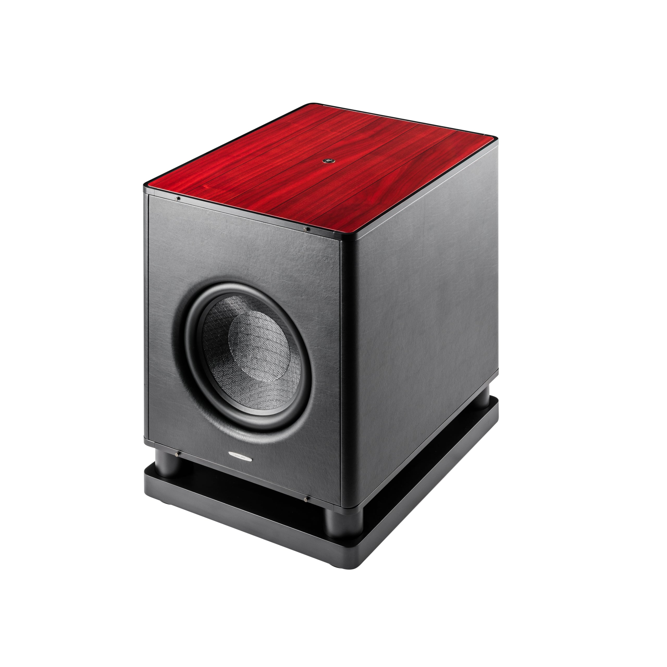 A 45-degree view of the Sonus faber Gravis VI Subwoofer in red wood finish with black leather sides.