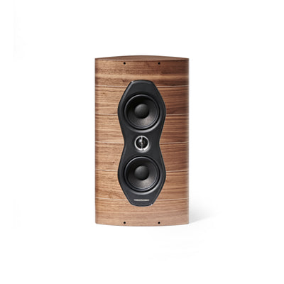 A front view of the Sonus faber Olympica Nova W on-wall speaker in walnut wood finish.