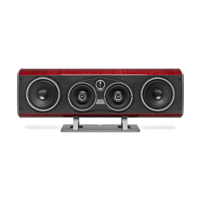 A front view of the Sonus faber Vox center channel speaker in red high gloss wood from the Homage collection.