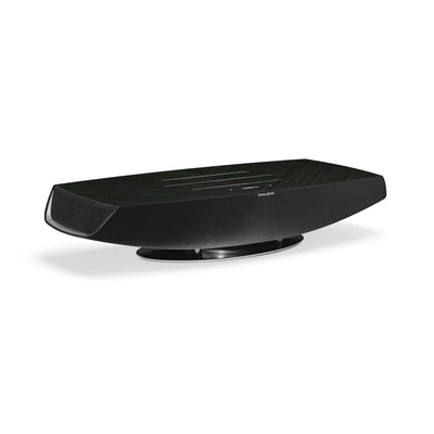 Sonus faber Omnia wireless bookshelf speaker in Graphite, Black fabric, and Aluminum/Titanium finishes.