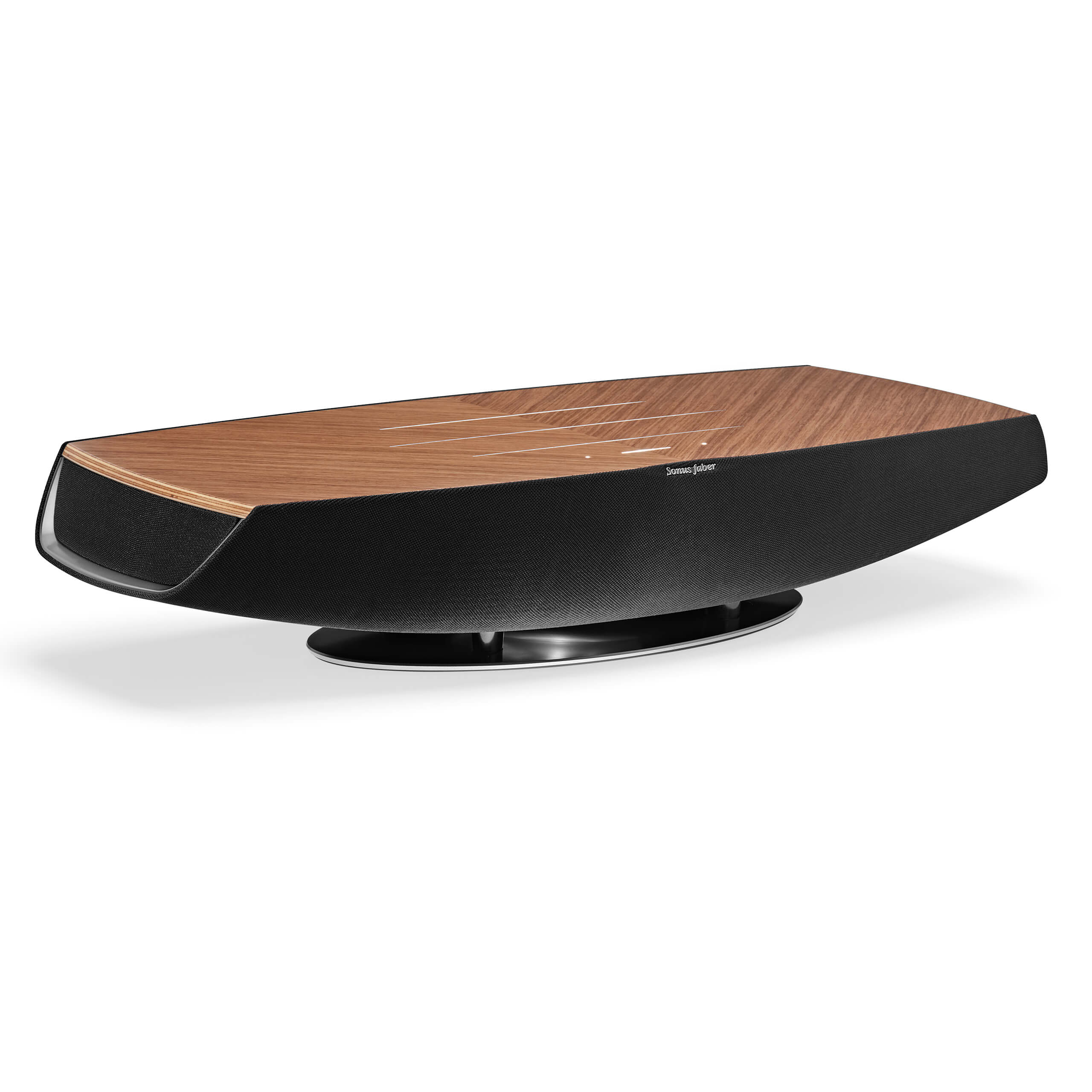 A front view of the Sonus faber Omnia wireless bookshelf speaker in walnut wood finish.