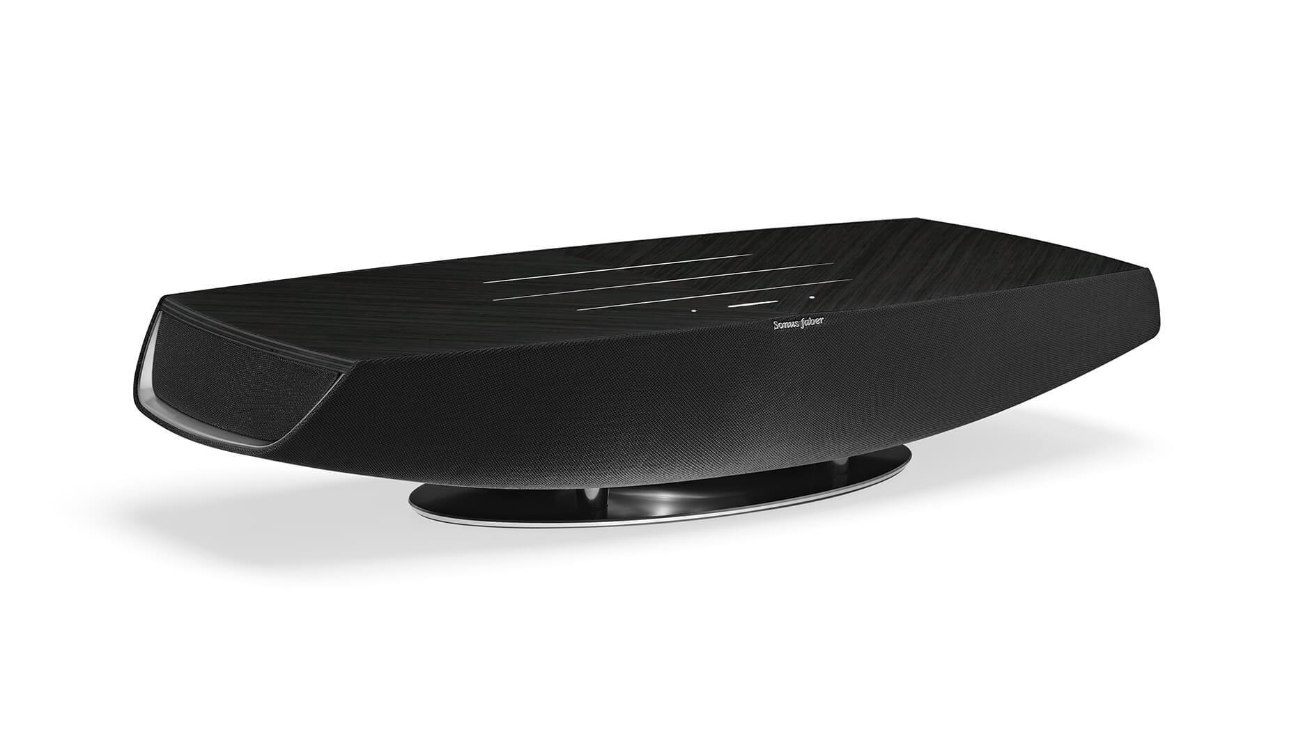 Sonus faber Omnia wireless bookshelf speaker in Graphite, Black fabric, and Aluminum/Titanium finishes.