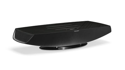 Sonus faber Omnia wireless bookshelf speaker in Graphite, Black fabric, and Aluminum/Titanium finishes.
