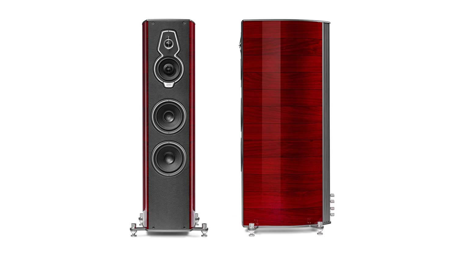 Pair of Sonus faber's Serafino G2 speakers in Red Wood, Italian Leather finish, revealing both front and side perspectives.
