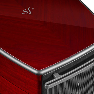 Sonus faber Serafino G2 floorstanding speakers in Red Wood Italian leather finish, featuring the iconic 'SF' logo.
