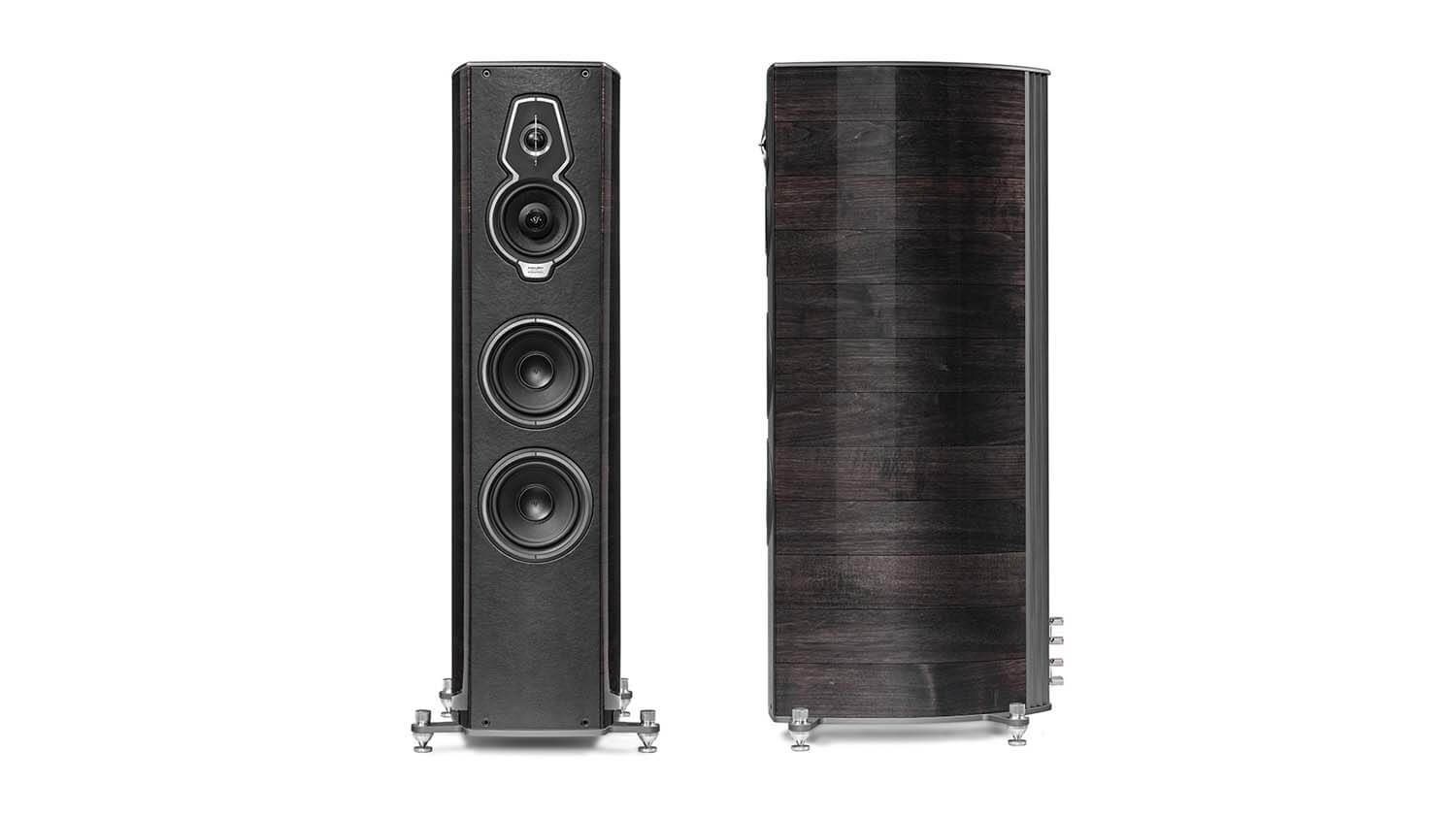 Pair of Sonus faber Serafino G2 speakers in Graphite Wood, Italian Leather finish, showcasing both front and side views.