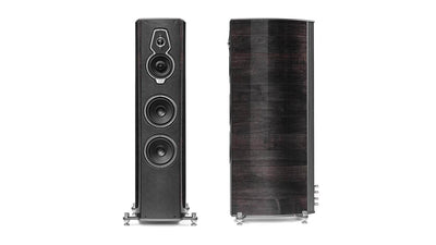 Pair of Sonus faber Serafino G2 speakers in Graphite Wood, Italian Leather finish, showcasing both front and side views.