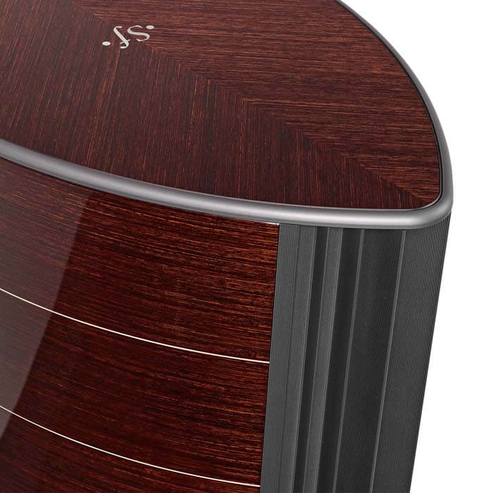 Sonus faber Serafino G2 floorstanding speakers in Wenge Wood Italian leather finish, featuring the iconic 'SF' logo.