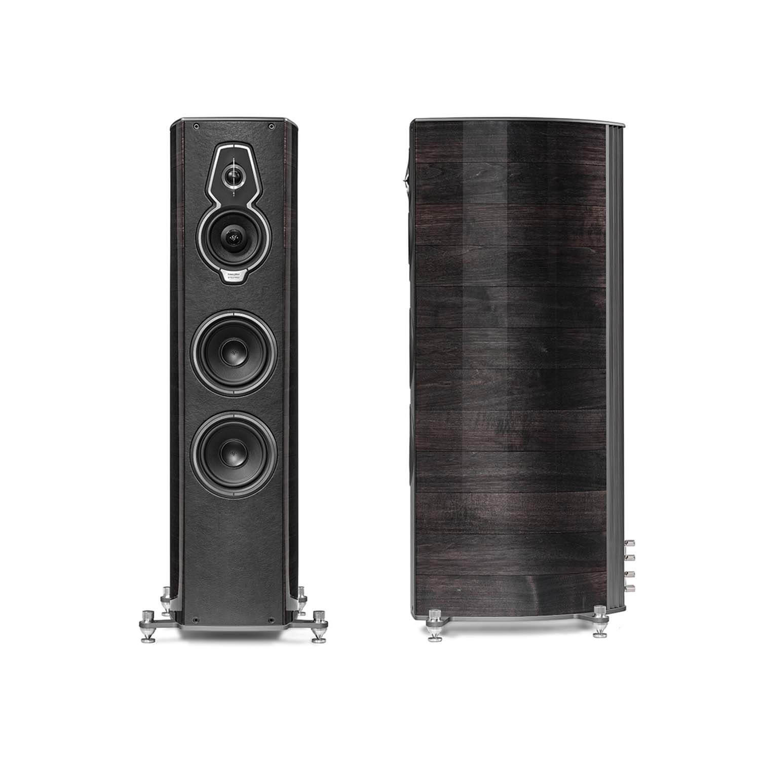 Pair of Sonus faber Serafino G2 speakers in Graphite Wood, Italian Leather finish, showcasing both front and side views.
