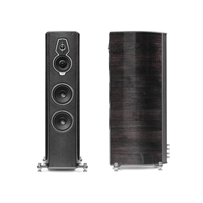 Pair of Sonus faber Serafino G2 speakers in Graphite Wood, Italian Leather finish, showcasing both front and side views.