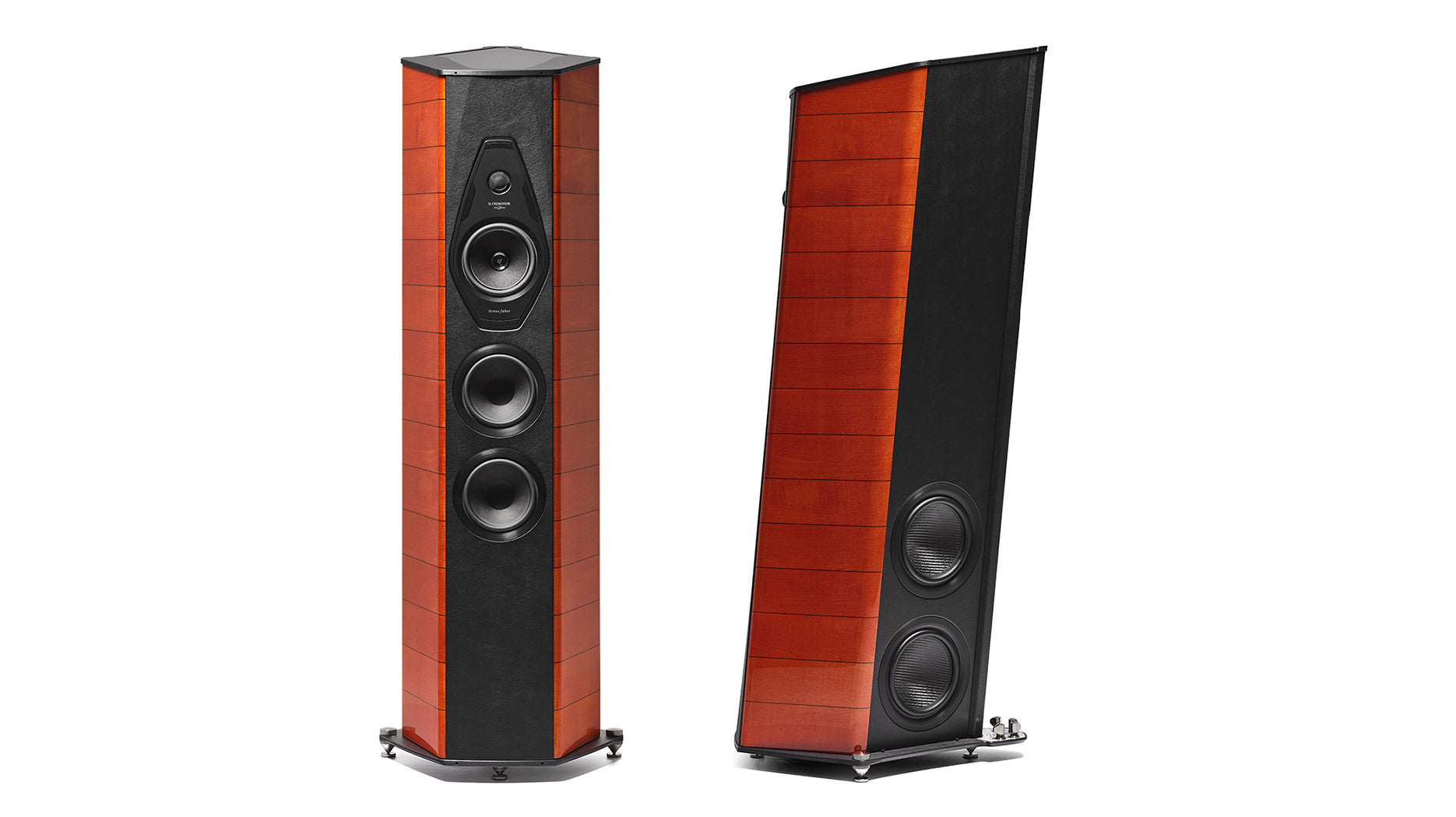 A pair of Sonus faber Il Cremonese Ex3me speakers displaying front and back views in Red Violin high gloss wood.
