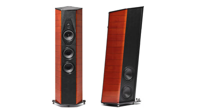 A pair of Sonus faber Il Cremonese Ex3me speakers displaying front and back views in Red Violin high gloss wood.