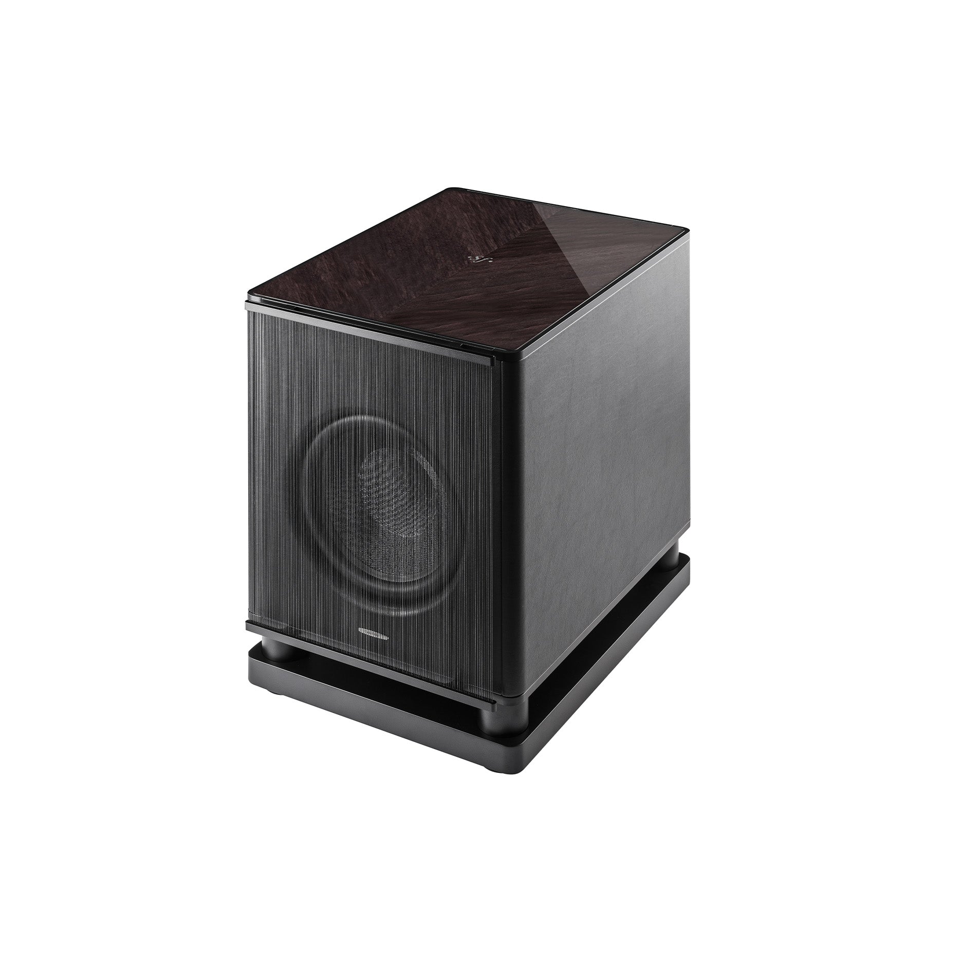 Sonus faber Gravis VI subwoofer speaker featuring graphite wood with 45-degree grains and black leather finishes.