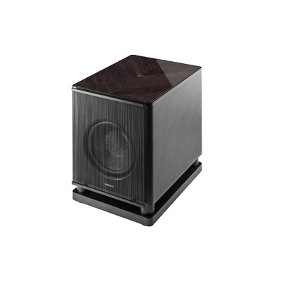 Sonus faber Gravis VI subwoofer speaker featuring graphite wood with 45-degree grains and black leather finishes.
