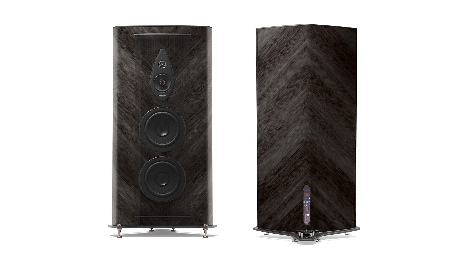Pair of Sonus faber Stradivari G2 speakers, front and back views, displaying the iconic design in Graphite finish.