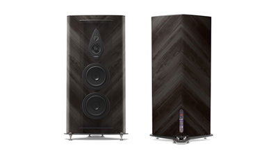 Pair of Sonus faber Stradivari G2 speakers, front and back views, displaying the iconic design in Graphite finish.