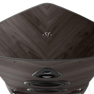 Aerial view of Sonus faber Stradivari G2 speaker in Graphite finish, featuring the iconic SF logo for a distinctive touch.