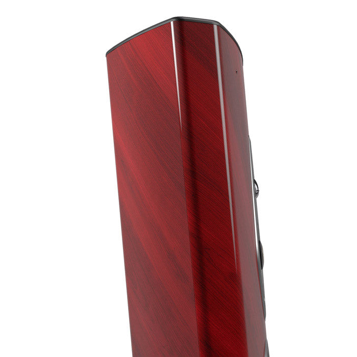 Side view of Sonus faber Stradivari G2 speakers in Red Wood finish, highlighting the beautiful and rich color.