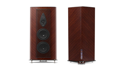 Wenge Wood, Italian leather finish Stradivari G2 speakers, showcasing the iconic Sonus faber design from front to back