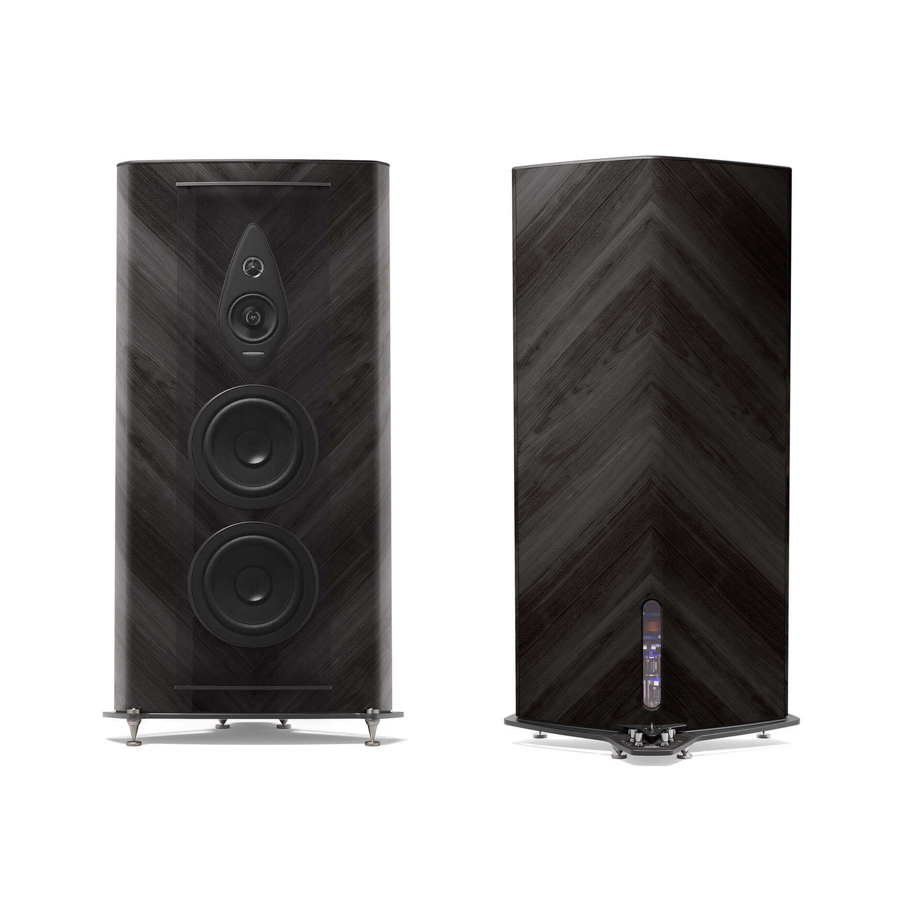 Pair of Sonus faber Stradivari G2 speakers, front and back views, displaying the iconic design in Graphite finish.