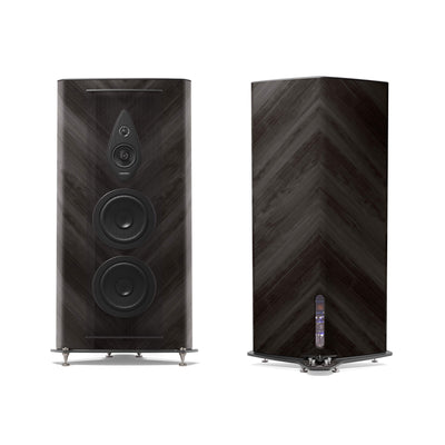 Pair of Sonus faber Stradivari G2 speakers, front and back views, displaying the iconic design in Graphite finish.