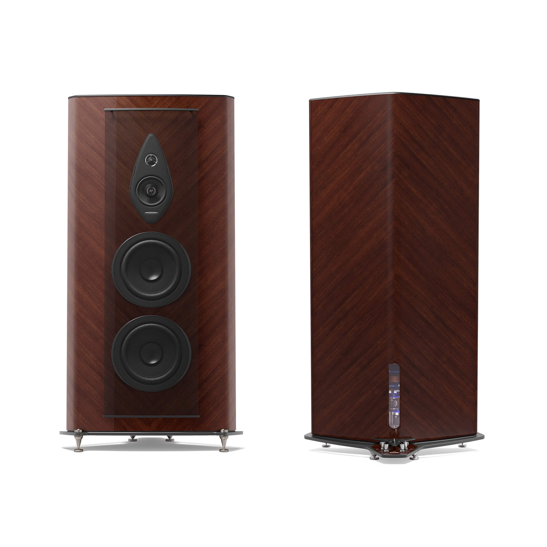 Wenge Wood, Italian leather finish Stradivari G2 speakers, showcasing the iconic Sonus faber design from front to back
