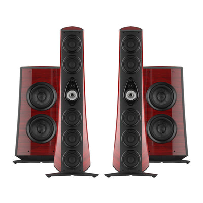 A front view of the Sonus faber Suprema floorstanding speaker and subwoofer from the Reference collection