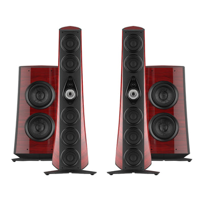 A front view of the Sonus faber Suprema floorstanding speaker and subwoofer from the Reference collection