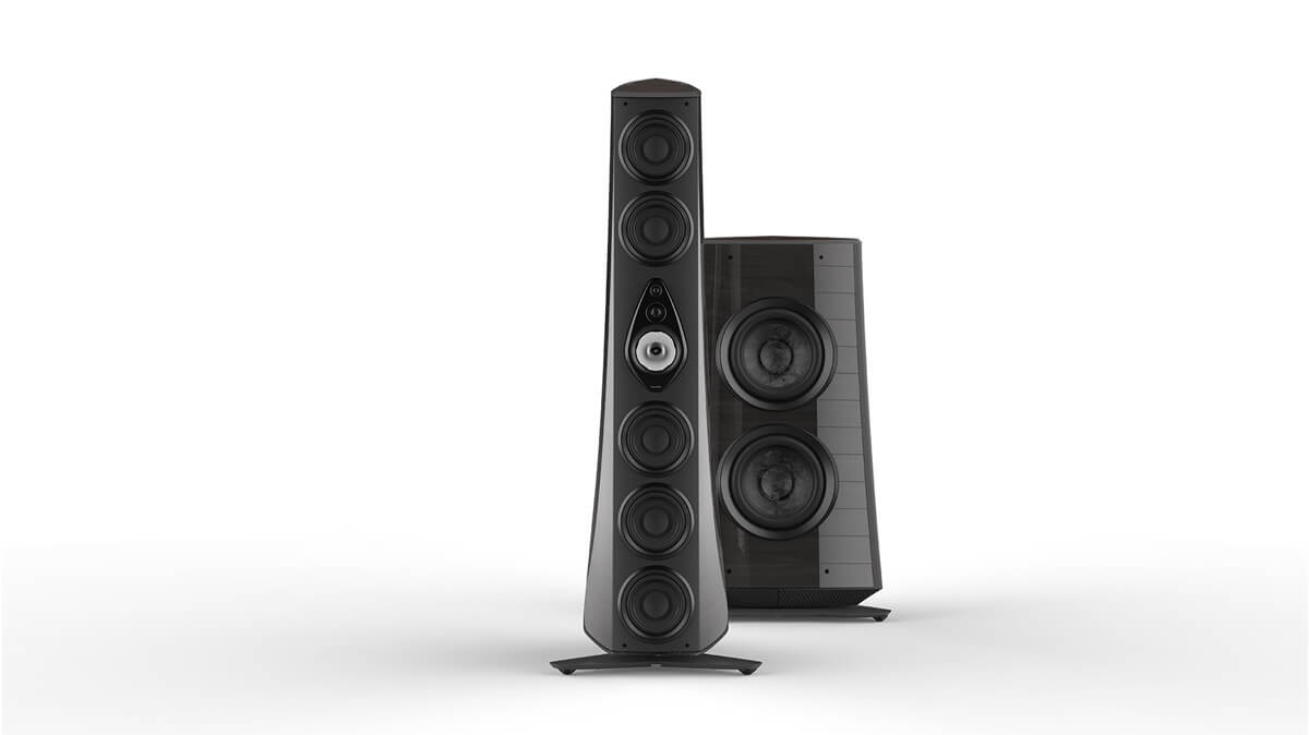 Suprema tower and subwoofer speakers in red graphite gloss leather